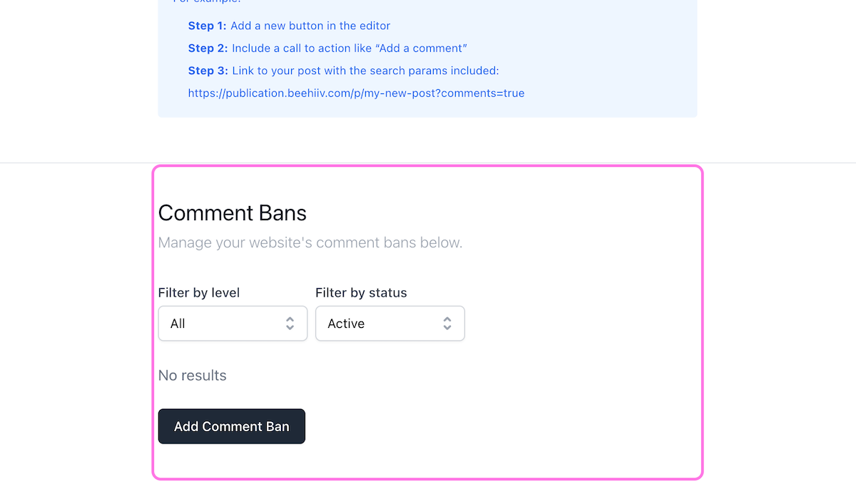 Scroll down the Comment bans section to manage who can leave comments 